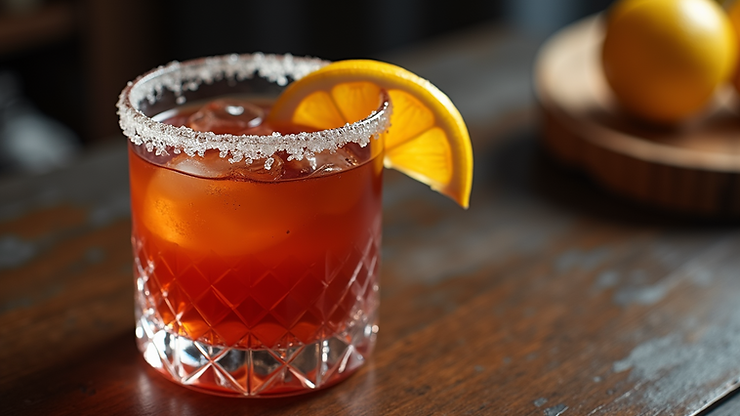 Close-up view of a Spicy Margarita with jalapeño slices