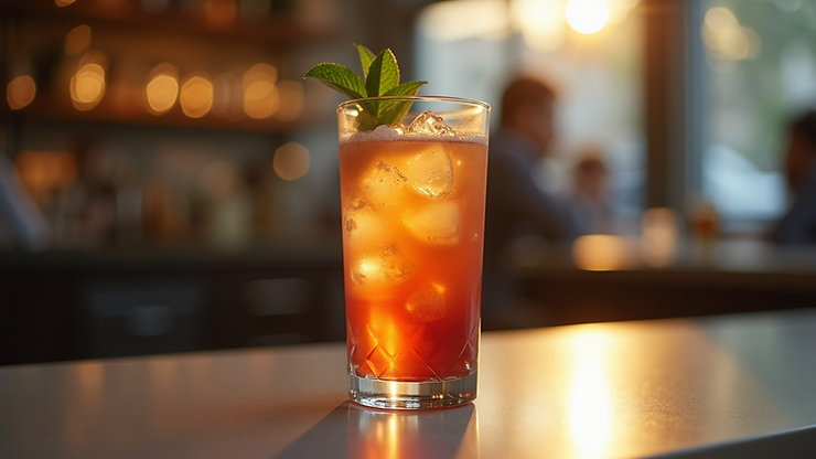 Eye-level view of a Mojito cocktail with fresh mint leaves