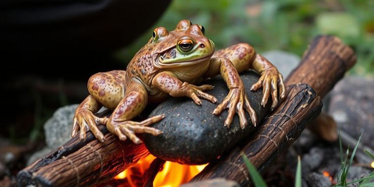 Frog Legs Over Fire
Catch frogs and prepare the legs for cooking directly over an open fire using sticks or heated stones.