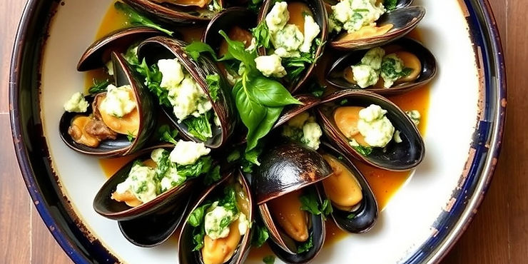 Mussels with Blue Cheese and Spinach