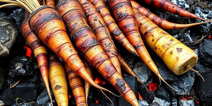Roasted Edible Roots
Dig up roots such as wild carrots, parsnips, or other edible tubers. Roast them directly in the embers of a fire until they are tender and slightly caramelized.