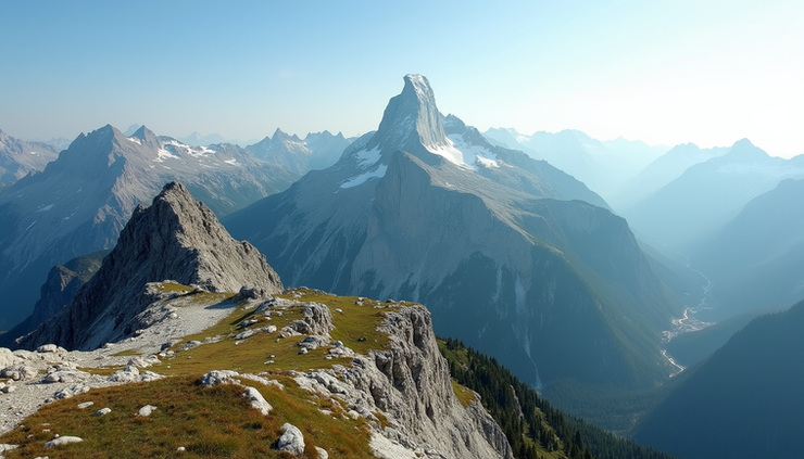 High angle view of Mount Triglav peak with surrounding alpine landscape