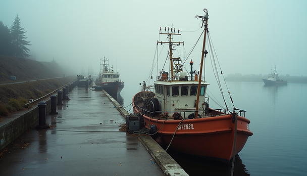 Close-up view of a fishing boat preparing gear at Bodega Bay harbor