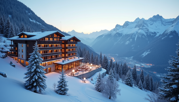 High angle view of Casino Aurora with snow-covered Julian Alps in the background