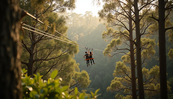 High angle view of zipline course at Treetops Adventure Western Sydney with forest background